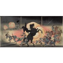 Kobayashi Kiyochika: Bombarding the Enemy Camp as Our Second Army Lands at Jinzhoucheng (Waga dainigun Kinshû tekiei hôgeki no zu) - Museum of Fine Arts