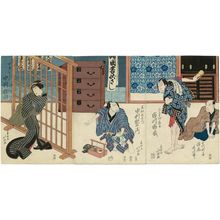 Shunkosai Hokushu, 春好斎北洲 (Shunkôsai Hokushû)による浮世絵「Actors Asao Utashirô as Tedai no Shinbei and Ichikawa Ichizô as Gokumon no Shôhei (R), Nakamura Utaemon as Kurofune no Chûemon (C), and Nakamura Matsue as His Wife (Nyôbô) Omaki (L)」