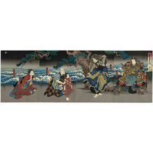 Utagawa Hirosada: Actors, from right: Mimasu Daigorô IV as Chichibu no Shigetada, Nakamura Utaemon IV as Higuchi Jirô, Mimasu Jakusaburô I as Komawakamaru and Kataoka Ichizô I as Gonshirô, and Nakayama Nanshi II as Jirô's wife Oyoshi, in Act 6 of Seisuiki - Museum of Fine Arts