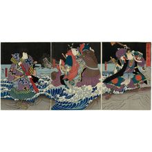Utagawa Hirosada: Actors as Hosokawa Masafusa (R), Oguri Hangan (C), and Kazama Hachirô (L), in Act 2 of Oguri Monogatari - Museum of Fine Arts
