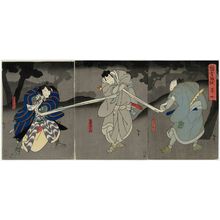 Utagawa Hirosada, 歌川広貞 (Gosôtei Hirosada)による浮世絵「Actors Mimasu Daigorô IV as Sasaki Kurando (R), Nakamura Utaemon IV as Fuwa Banzaemon (C), and Jitsukawa Enzaburô I as Nagoya Sanza (L), in Act 4 of Inazuma Sôshi」