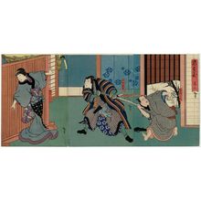 歌川広貞: Actors Nakamura Utaemon IV as the farmer Yasaku (R), Mimasu Baisha I as Senzaki Yagorô (C), and Yamashita Kinsaku IV as Yasaku's wife Okayo (L), in Act 6 of Chûshingura - ボストン美術館