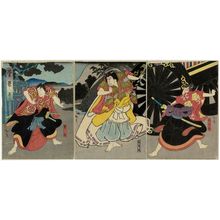 Utagawa Hirosada: Actors Mimasu Daigorô IV as Umeômaru (R), Nakamura Utaemon IV as Matsuômaru (C), and Jitsukawa Enzaburô I as Sakuramaru (L), in Act 3 of Sugawara - Museum of Fine Arts