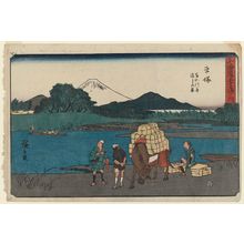 日本版画 "Hiratsuka: Ferry on the Ba'nyû River (Hiratsuka, Ba'nyû-gawa funewatashi no zu), from the series The Fifty-three Stations of the Tôkaidô Road (Tôkaidô gojûsan tsugi no uchi), also known as the Gyôsho Tôkaidô" 由 Utagawa Hiroshige, 歌川広重 (Utagawa Hiroshige I) 创作