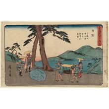 Utagawa Hiroshige: Nissaka: Night-crying Stone at Sayo Mountain Pass, Distant View of Mount Mugen (Nissaka, Sayo-no-nakayama Yonaki-ishi, Mugenzan chôbô), from the series The Fifty-three Stations of the Tôkaidô Road (Tôkaidô gojûsan tsugi no uchi), a.k.a the Gyôsho Tôkaidô - Museum of Fine Arts