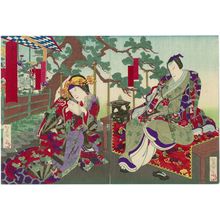 Japanese Print "Actors Jitsukawa Enjaku I as Lord Tsunayoshi (R) and Nakamura Fukusuke III as Osame no Kata (L) in the Play Gokoku Fujo Taiheiki" by Utagawa Yoshitaki, 歌川芳滝 (Ichiyôsai Yoshitaki)