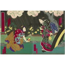 Japanese Print "Portraits from the Play Kagamiyama (Kagamiyama sugata no utsushi-ga): Actors Jitsukawa Enjaku I as Tsubone Iwafuji (R) and Ichikawa Udanji I as the maid Hatsu (L)" by Utagawa Yoshitaki, 歌川芳滝 (Ichiyôsai Yoshitaki)