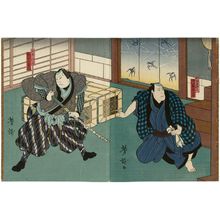 Japanese Print "Actor Arashi Kichisaburô III as Akabori Mizuemon (R), Kataoka Ichizô I as Matsuzakaya Sehei (C), and Onoe Tamizô II as Ishii Genzô (L), in Act VIII of Ukigi no Kameyama" by Utagawa Yoshitaki, 歌川芳滝 (Ichiyôsai Yoshitaki)