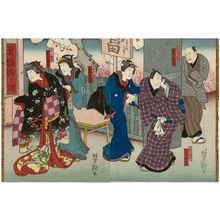 Estampe japonaise "Actors Jitsukawa Hokozô I as the head clerk Denbei and Jitsukawa Enzaburô I as Sankichi (R), and Fujikawa Hachitarô I as the maid Ohana and Fujikawa Tomokichi III as Oume (L), in the play Keisei Somewaketazuna" par Utagawa Yoshitaki, 歌川芳滝 (Ichiyôsai Yoshitaki)