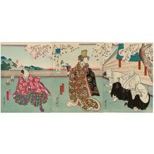 Japanese Print "Actors Ichikawa Shiyû I as Shiyûbô, Nakamura Tomosa II as Gankôbô and Mimasu Tanin V as Taninbô (R); Bandô Hikosaburô V as a courtesan (C); and Bandô Hikosaburô V as the Kyôgen actor Tsuruhachi (L), in Yanagi Sakura Haru no Nishiki-e" by Utagawa Yoshitaki, 歌川芳滝 (Ichiyôsai Yoshitaki)