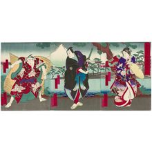 Estampe japonaise "Actors Uchikawa Udanji I as Okaru (R), Arashi Rikan IV as Hayano Kanpei (C), and Onoe Tamizô II as Sagizaka Bannai (L)" par Utagawa Yoshitaki, 歌川芳滝 (Ichiyôsai Yoshitaki)