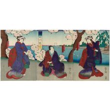 Utagawa Yoshitaki: Actors Bandô Hikosaburô V as Hôkaibô (R), Jitsukawa Enzaburô II as Tonoinosuke (C), and Nakamura Kanjaku III as Okumi (L) - Museum of Fine Arts