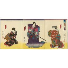 Japanischer Druck "Actors Arashi Rikan III as Yaegiri-hime (R), Arashi Rikaku II as Katsuyori (C), and Nakamura Sennosuke I as Nureginu (L), in the play Honchô Nijûshikô" von Utagawa Yoshitaki, 歌川芳滝 (Ichiyôsai Yoshitaki)