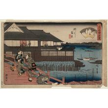 歌川広重: Night View of Yanagi Bridge: the Manpachi Restaurant (Yanagi-bashi yakei, Manpachi), from the series Famous Restaurants of Edo (Edo kômei kaitei zukushi) - ボストン美術館