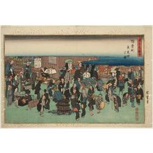 Utagawa Hiroshige: Night Market at Junkei-machi (Junkei-machi yomise no zu), from the series Famous Views of Osaka (Naniwa meisho zue) - Museum of Fine Arts