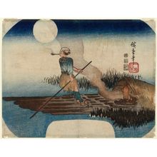 Utagawa Hiroshige, 歌川広重 (Utagawa Hiroshige I)创作的日本版画《Man Poling a Raft on a Moonlit Night》