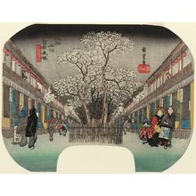 Japanese Print "Cherry Blossoms at Night in the Yoshiwara (Yoshiwara no yozakura), from the series Famous Places in Edo: Snow, Moon and Flowers (Kôto meisho, setsugekka no uchi)" by Utagawa Hiroshige, 歌川広重 (Utagawa Hiroshige I)