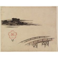 Utagawa Hiroshige, 歌川広重 (Utagawa Hiroshige I)创作的日本版画《Bridge and Distant View of Shrine》