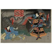 Utagawa Kunikazu: Snake (Mi): Actors Nakamura Kanjaku as Saitô Musashinosuke (R) and Nakamura Tamashichi as Tabakoya Sankichi (L), from the series The Twelve Signs of the Zodiac (Jûnishi no uchi) - Museum of Fine Arts