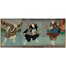 Utagawa Kunikazu: Actors Mimasu Daigorô IV as Shimada Heizaemon (R), Jitsukawa Enzaburô I as Tagami Sanzaemon (C), and Ichikawa Ebizô V as Mishima Denzô (L), in the play Sakura Momiji Ômi Hakkei - Museum of Fine Arts