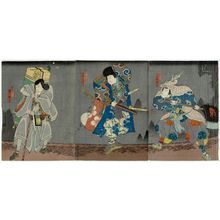 Utagawa Kunikazu: Actors Mimasu Baisha I as Takasago Yuminosuke (R), Onoe Tamizô II as Ogata Jiraiya (C), and Ichikawa Takijûrô II as Fukitarô (L) - Museum of Fine Arts