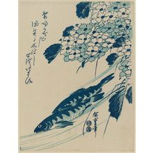 日本版画 "Sweetfish and Hydrangeas" 由 Utagawa Hiroshige, 歌川広重 (Utagawa Hiroshige I) 创作