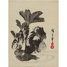 日本版画 "Pekinese Dog with Ball" 由 Utagawa Hiroshige, 歌川広重 (Utagawa Hiroshige I) 创作