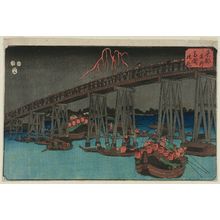 Utagawa Hiroshige, 歌川広重 (Utagawa Hiroshige I)创作的日本版画《Evening at Ryôgoku Bridge (Ryôgokubashi yoru), from the series Famous Places in the Eastern Capital (Tôto meisho)》