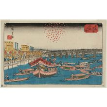 Japanischer Druck "Fireworks at Ryôgoku Bridge (Ryôgoku hanabi no zu), from the series Famous Places in the Eastern Capital (Tôto meisho)" von Utagawa Hiroshige, 歌川広重 (Utagawa Hiroshige I)