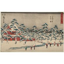 Japanese Print "Zôjô-ji Temple at Shiba in Snow (Shiba Zôjô-ji setchû no zu), from the series Famous Places in the Eastern Capital (Tôto meisho)" by Utagawa Hiroshige, 歌川広重 (Utagawa Hiroshige I)