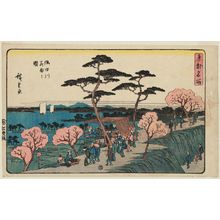 Japanischer Druck "Cherry Blossoms in Full Bloom along the Sumida River (Sumidagawa hanazakari no zu), from the series Famous Places in the Eastern Capital (Tôto meisho)" von Utagawa Hiroshige, 歌川広重 (Utagawa Hiroshige I)