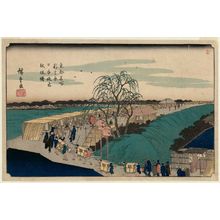 Utagawa Hiroshige: Dawn over Nihon Embankment at Emonzaka in the New Yoshiwara (Shin Yoshiwara Nihon-zutsumi Emonzaka akebono), from the series Famous Places in the Eastern Capital (Tôto meisho) - Museum of Fine Arts