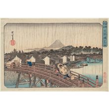 歌川広重: Shower on Nihonbashi Bridge (Nihonbashi no hakuu), from the series Famous Places in the Eastern Capital (Tôto meisho) - ボストン美術館