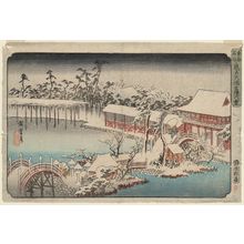 Japanischer Druck "Snow in the Precincts of the Tenman Shrine at Kameido (Kameido Tenmangû keidai yuki), from a series Famous Places in the Eastern Capital (Tôto meisho)" von Utagawa Hiroshige, 歌川広重 (Utagawa Hiroshige I)