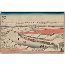 Japanischer Druck "Snowy Morning in the Yoshiwara (Yoshiwara yuki no asa), from the series Famous Places in the Eastern Capital (Tôto meisho)" von Utagawa Hiroshige, 歌川広重 (Utagawa Hiroshige I)