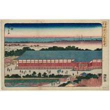 Japanischer Druck "The Hall of Thirty-three Bays in Fukagawa (Fukagawa Sanjûsangendô), from the series Famous Places in the Eastern Capital (Tôto meisho)" von Utagawa Hiroshige, 歌川広重 (Utagawa Hiroshige I)