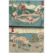 歌川国芳: Tanuki Fishing in the River (Tanuki no kawagari) (T) and Tanuki in a Shower (Tanuki no yûdachi) (B), from an untitled series of Tanuki (Raccoon-dogs) - ボストン美術館