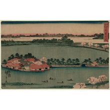 Utagawa Hiroshige, 歌川広重 (Utagawa Hiroshige I)创作的日本版画《Shinobazu Pond (Shinobazu no ike), from the series Famous Places in Edo (Edo meisho)》