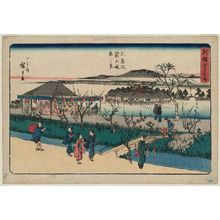 Utagawa Hiroshige, 歌川広重 (Utagawa Hiroshige I)创作的日本版画《Spring View of the New Embankment at Shinobazu (Shinobazu ike shin dote haru no kei), from the series Famous Places in Edo, Newly Selected (Shinsen Edo meisho)》