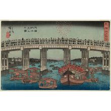 Utagawa Hiroshige, 歌川広重 (Utagawa Hiroshige I)による浮世絵「Fireworks in the Cool of the Evening at Ryôgoku Bridge (Ryôgoku nôryô hanabi no zu), from the series Famous Places in Edo, Newly Selected (Shinsen Edo meisho)」