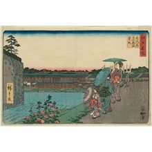 Utagawa Hiroshige, 歌川広重 (Utagawa Hiroshige I)创作的日本版画《Outside Toranomon: Konpira Shrine and Hollyhock Hill (Toranomon soto, Konpira-sha, Aoizaka), from the series Famous Places in Edo (Edo meisho)》