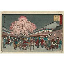 歌川広重: Holiday of Cherry Blossoms at Naka-no-chô in the Yoshiwara (Yoshiwara Naka-no-chô sakura no monbi), from the series Famous Places in Edo (Edo meisho) - ボストン美術館