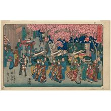 Utagawa Hiroshige, 歌川広重 (Utagawa Hiroshige I)创作的日本版画《Cherry Blossom Procession at Naka-no-chô in the Yoshiwara (Yoshiwara Naka-no-chô sakura dôchû), from the series Famous Places in Edo (Edo meisho)》