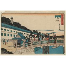 Utagawa Hiroshige, 歌川広重 (Utagawa Hiroshige I)创作的日本版画《Akabane Bridge and Suiten Shrine in Shiba (Shiba Akabane Suitengû), from the series Famous Places in Edo (Edo meisho no uchi)》