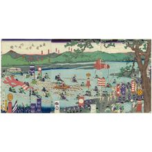 Utagawa Kuniteru: A Daimyô Procession at the Ôi River on the Tôkaidô (Tôkaidô Ôikawa gyôretsu no zu) - Museum of Fine Arts