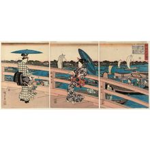 日本版画 "Sunset Glow at Ryôgoku Bridge (Ryôgoku no sekishô), from the series Eight Views of Famous Places in Edo (Meisho Edo hakkei)" 由 Utagawa Hiroshige, 歌川広重 (Utagawa Hiroshige I) 创作