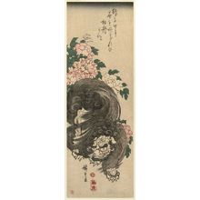 日本版画 "Lion and Peonies" 由 Utagawa Hiroshige, 歌川広重 (Utagawa Hiroshige I) 创作