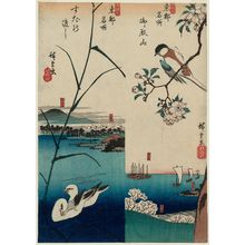 Japanese Print "Goten-yama [right] and Suda Ferry (Suda no watashi) [left], from the series Famous Views of the Eastern Capital in a Fashionable New Form (Fûryû shinkei Tôto meisho)" by Utagawa Hiroshige, 歌川広重 (Utagawa Hiroshige I)