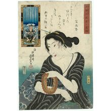 Utagawa Kuniyoshi: Mongaku Shônin at the Nachi Waterfall, from the series Grateful Thanks for Answered Prayers: Waterfall-striped Fabrics (Daigan jôju arigatakijima) - Museum of Fine Arts
