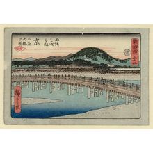 Utagawa Hiroshige: No. 55 - Kyoto, the Great Bridge at Sanjô (Kyô, Sanjô Ôhashi no zu), from the series The Tôkaidô Road - The Fifty-three Stations (Tôkaidô - Gojûsan tsugi no uchi), also known as the Aritaya Tôkaidô - Museum of Fine Arts